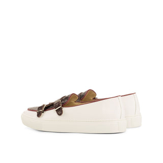Ambrogio Bespoke Men's Handmade Custom Shoes White & Burgundy Exotic Ostrich / Calf-Skin Leather Monk Sneakers (AMB1423)