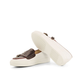 Ambrogio Bespoke Men's Handmade Custom Shoes White & Burgundy Exotic Ostrich / Calf-Skin Leather Monk Sneakers (AMB1423)