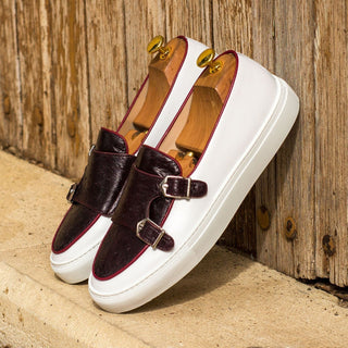 Ambrogio Bespoke Men's Handmade Custom Shoes White & Burgundy Exotic Ostrich / Calf-Skin Leather Monk Sneakers (AMB1423)