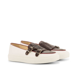 Ambrogio Bespoke Men's Handmade Custom Shoes White & Burgundy Exotic Ostrich / Calf-Skin Leather Monk Sneakers (AMB1423)