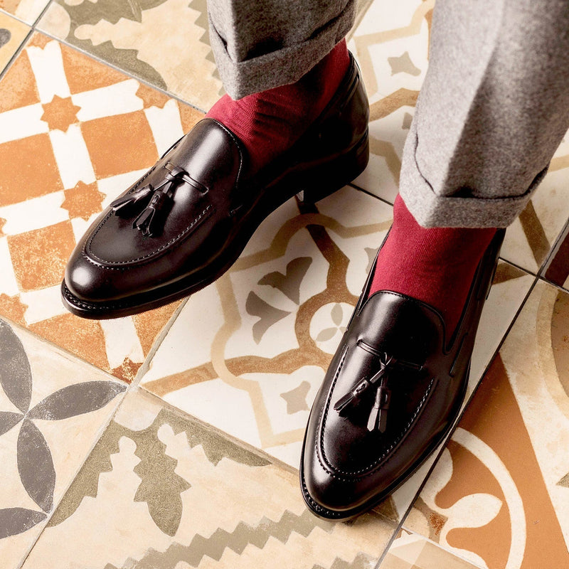 Ambrogio Bespoke Men's Shoes Black Calf-Skin Leather Tassels Loafers (AMB2317)-AmbrogioShoes