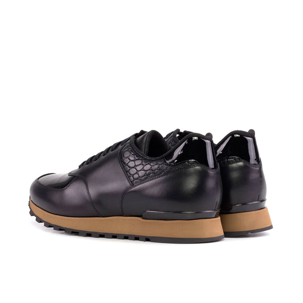 Ambrogio Bespoke Men's Shoes Black Crocodile Print / Calf-Skin / Patent Leather Jogger Sneakers (AMB2490)-AmbrogioShoes
