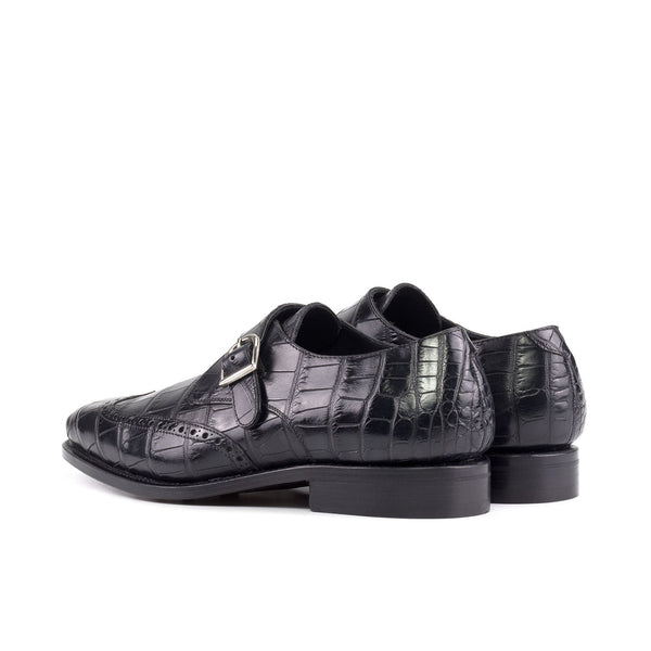 Ambrogio Bespoke Men's Shoes Black Exotic Alligator Single Monk-Strap Loafers (AMB2513)-AmbrogioShoes