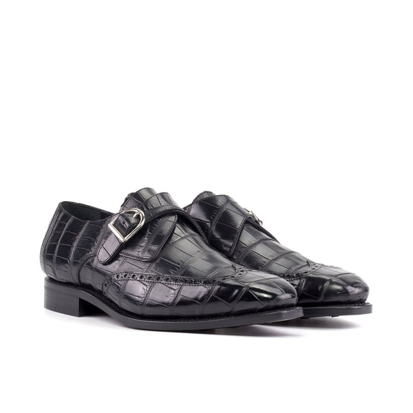 Ambrogio Bespoke Men's Shoes Black Exotic Alligator Single Monk-Strap Loafers (AMB2513)-AmbrogioShoes