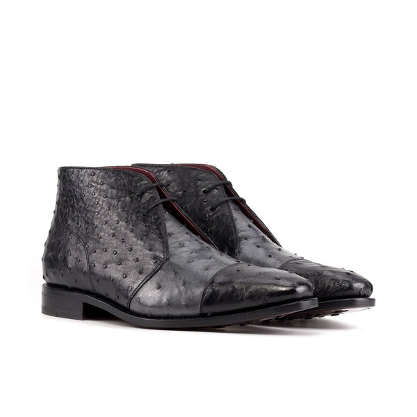 Ambrogio Bespoke Men's Shoes Black & Gray Exotic Ostrich Chukka Boots (AMB2486)-AmbrogioShoes
