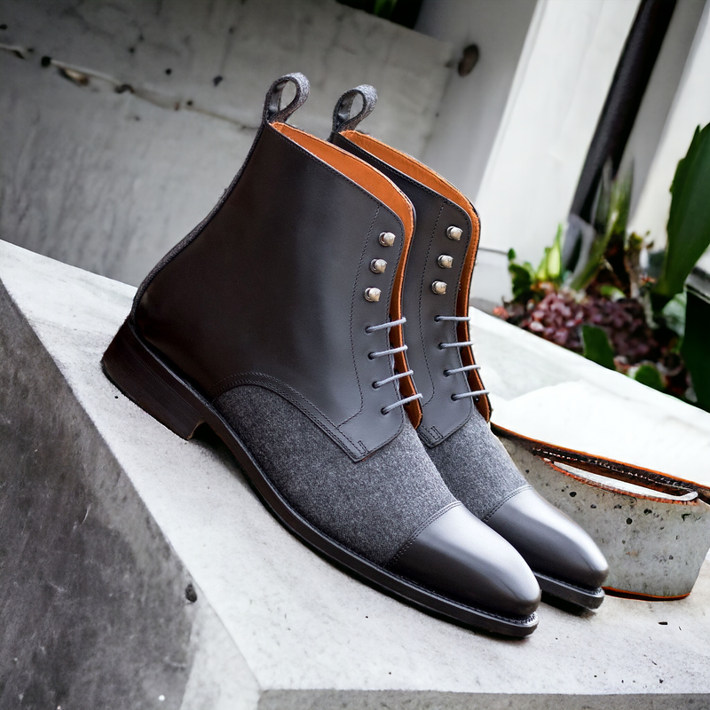 Ambrogio Bespoke Men's Shoes Black & Gray Fabric / Calf-Skin Leather Jumper Boots (AMB2502)-AmbrogioShoes