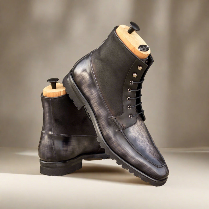 Ambrogio Bespoke Men's Shoes Black & Gray Patina / Calf-Skin Leather Moccasin Boots (AMB2445)-AmbrogioShoes