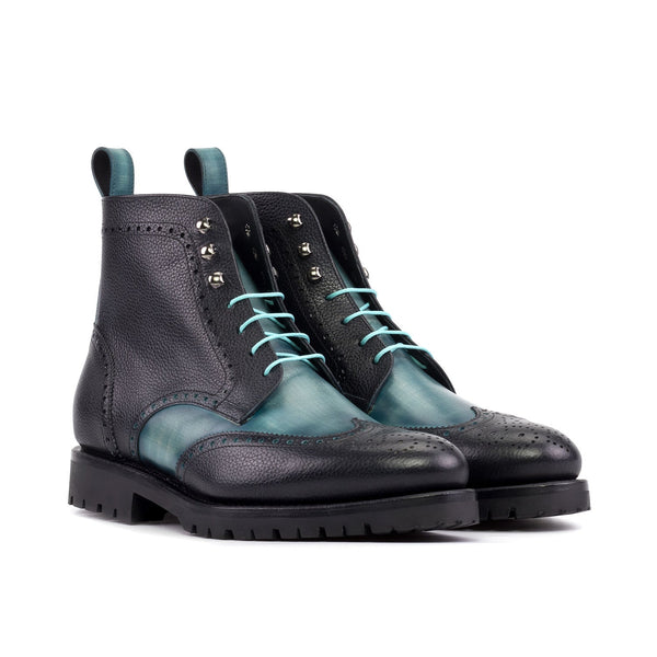 Ambrogio Bespoke Men's Shoes Black & Turquoise Full Grain / Patina Leather Military Wingtip Boots (AMB2504)-AmbrogioShoes