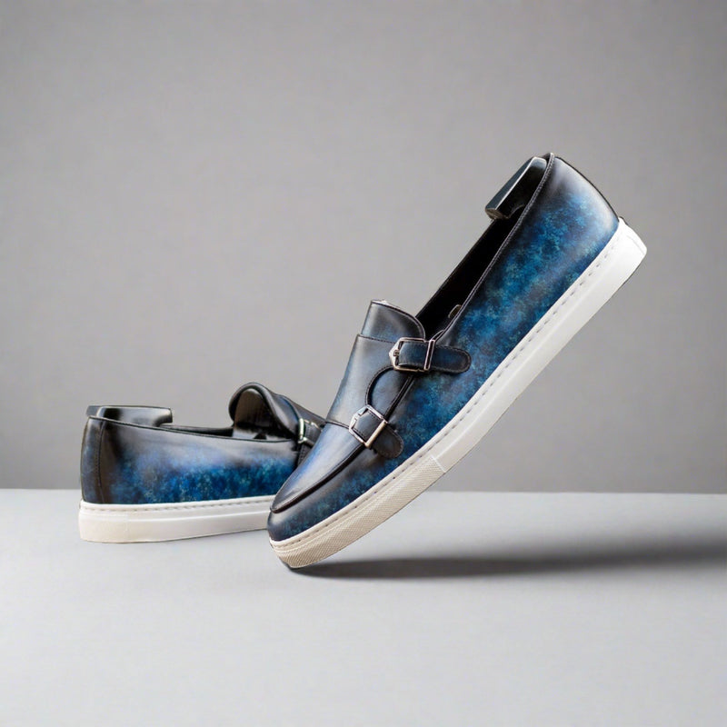 Ambrogio Bespoke Men's Shoes Blue Patina Leather Monk Sneakers (AMB2429)-AmbrogioShoes