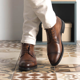 Ambrogio Bespoke Men's Shoes Brown Calf-Skin Leather Jumper Cap-Toe Boots (AMB2525)-AmbrogioShoes