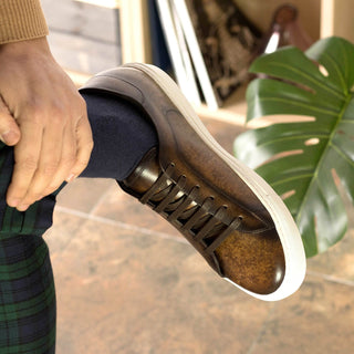 Ambrogio Bespoke Men's Shoes Brown Patina Leather Trainer Sneakers (AMB2438)-AmbrogioShoes