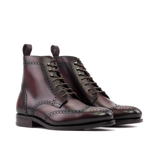 Ambrogio Bespoke Men's Shoes Burgundy Calf-Skin Leather Military Wingtip Boots (AMB2455)-AmbrogioShoes