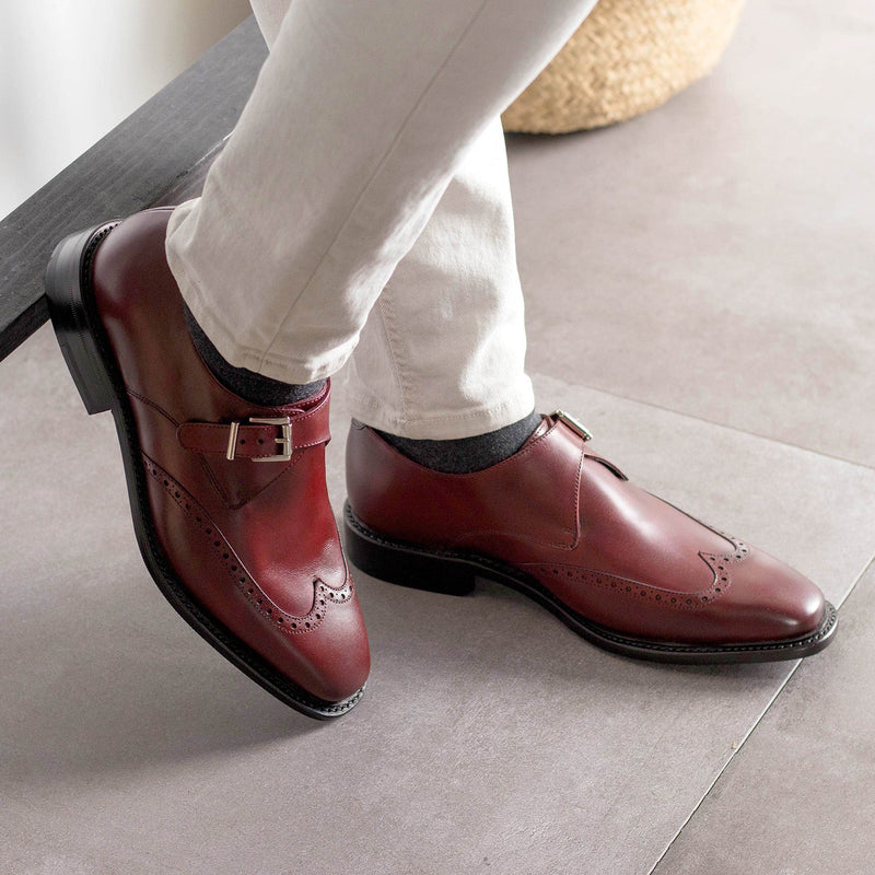 Ambrogio Bespoke Men's Shoes Burgundy Calf-Skin Leather Single Monk-Strap Loafers (AMB2478)-AmbrogioShoes