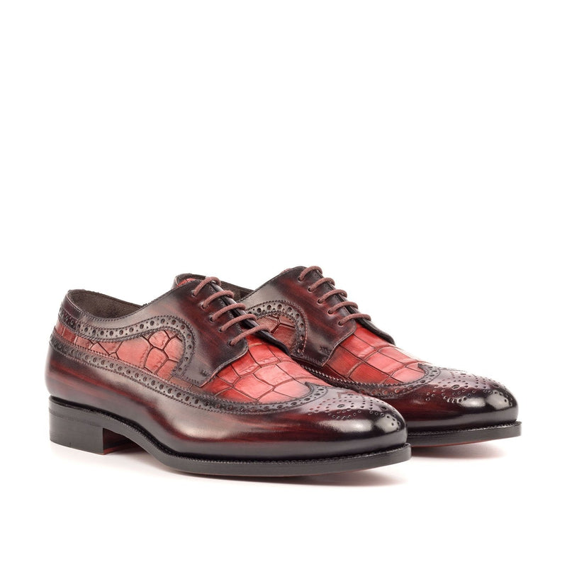 Ambrogio Bespoke Men's Shoes Burgundy & Red Crocodile Print / Patina Leather Longwing Blucher Oxfords (AMB2243)-AmbrogioShoes