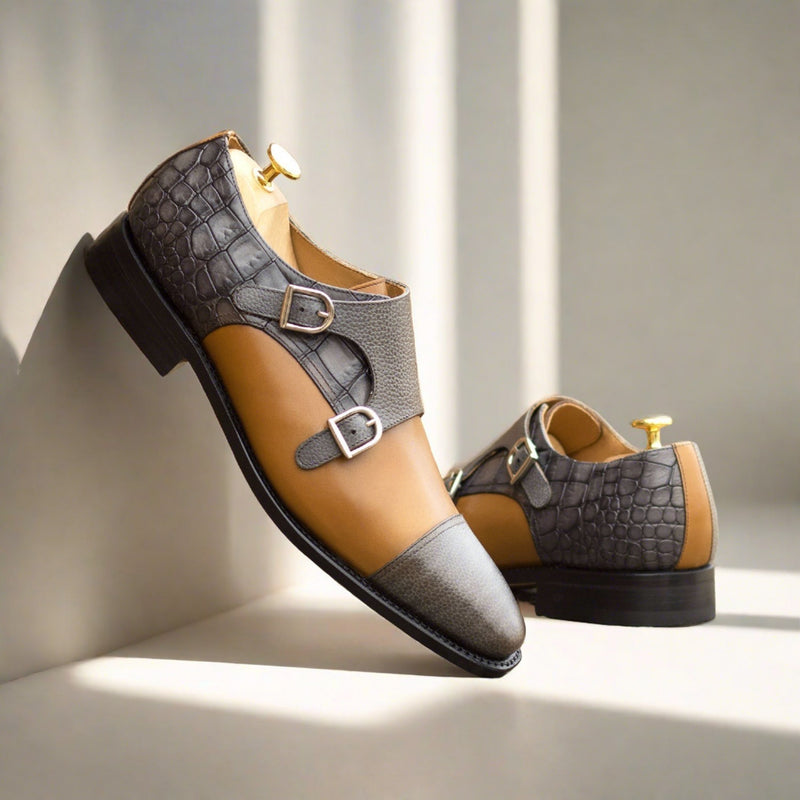 Ambrogio Bespoke Men's Shoes Cognac & Gray Multi-Materials Monk-Straps Loafers (AMB2442)-AmbrogioShoes