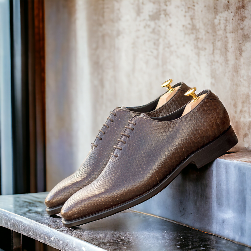Ambrogio Bespoke Men's Shoes Dark Brown Exotic Python Skin Whole Cut Oxfords (AMB2511)-AmbrogioShoes