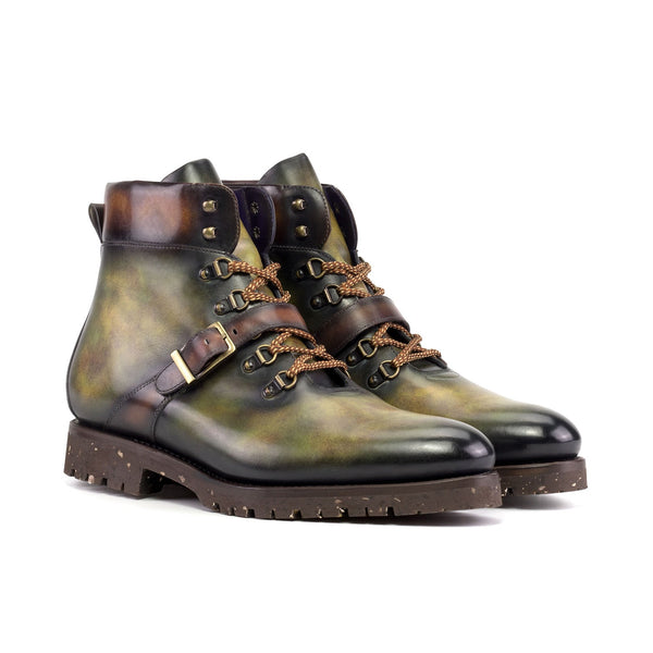 Ambrogio Bespoke Men's Shoes Fire & Green Patina Leather Hiking Boots (AMB2514)-AmbrogioShoes