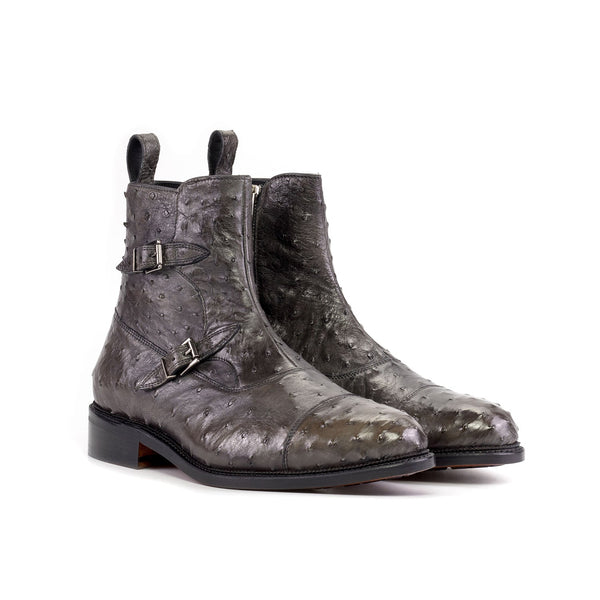Ambrogio Bespoke Men's Shoes Gray Exotic Ostrich Octavian Buckle Boots (AMB2493)-AmbrogioShoes