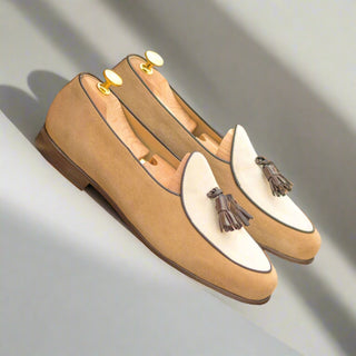 Ambrogio Bespoke Men's Shoes Ivory, Camel & Dark Brown Suede / Calf-Skin Leather Belgian Loafers (AMB2563)-AmbrogioShoes