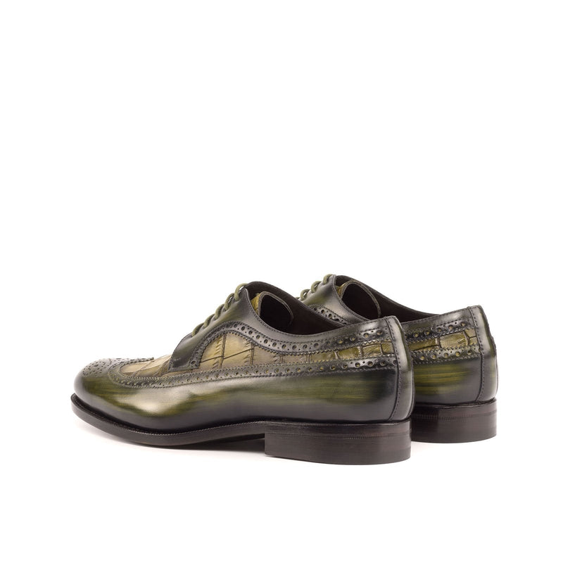 Ambrogio Bespoke Men's Shoes Khaki & Olive Crocodile Print / Patina Leather Longwing Blucher Oxfords (AMB2242)-AmbrogioShoes