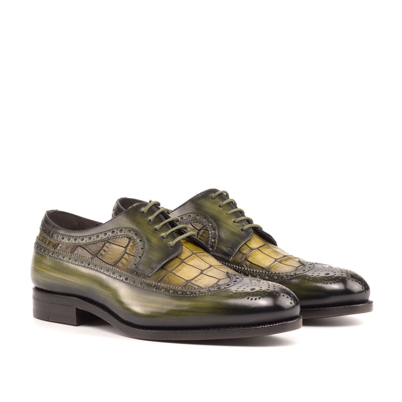 Ambrogio Bespoke Men's Shoes Khaki & Olive Crocodile Print / Patina Leather Longwing Blucher Oxfords (AMB2242)-AmbrogioShoes