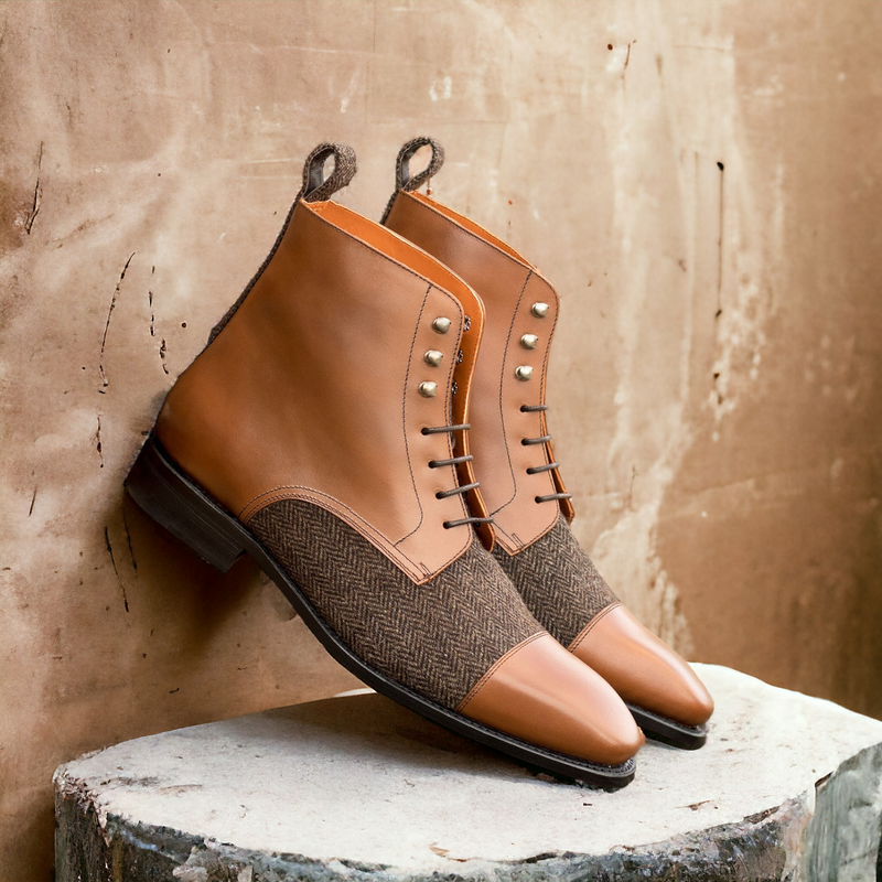 Ambrogio Bespoke Men's Shoes Medium Brown & Gray Fabric / Calf-Skin Leather Jumper Boots (AMB2500)-AmbrogioShoes