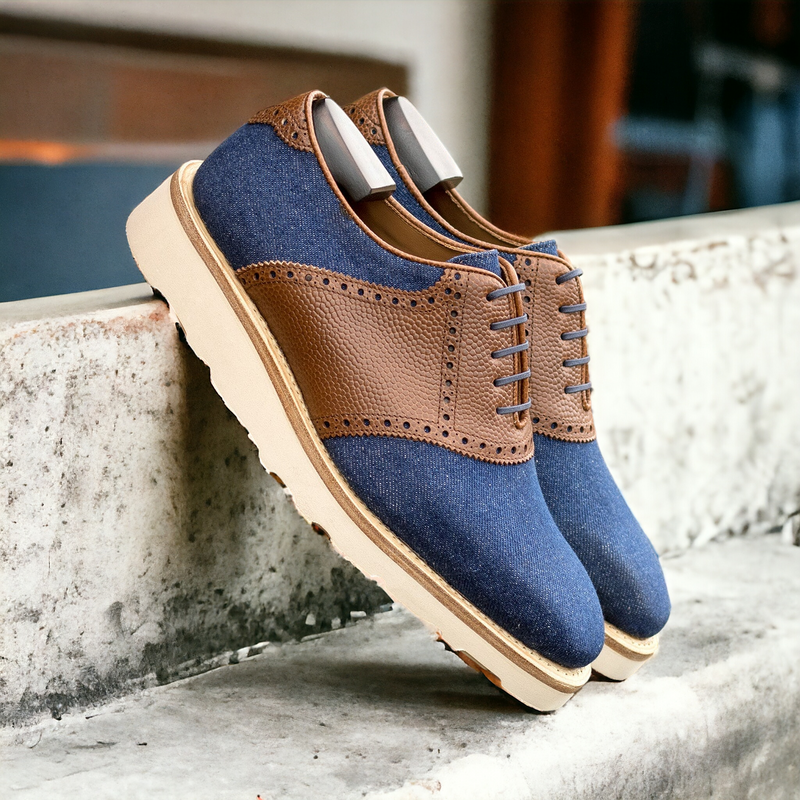 Ambrogio Bespoke Men's Shoes Medium Brown & Jeans Fabric / Pebble Grain Leather Saddle Oxfords (AMB2506)-AmbrogioShoes