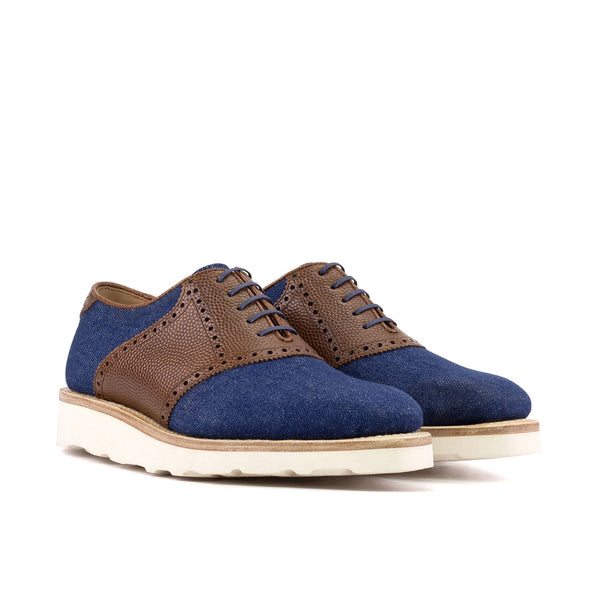 Ambrogio Bespoke Men's Shoes Medium Brown & Jeans Fabric / Pebble Grain Leather Saddle Oxfords (AMB2506)-AmbrogioShoes
