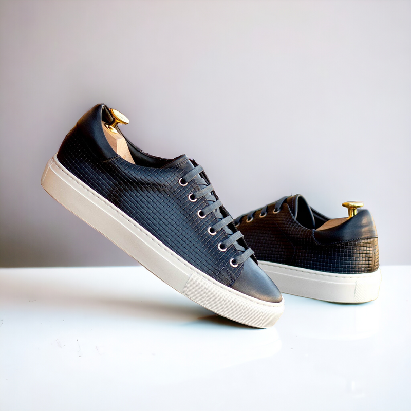 Ambrogio Bespoke Men's Shoes Navy Calf-Skin / Woven Leather Trainer Sneakers (AMB2479)-AmbrogioShoes