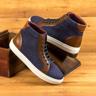 Ambrogio Bespoke Navy & Brown Linen Fabric / Leather High-Top Sneakers (AMB1835)