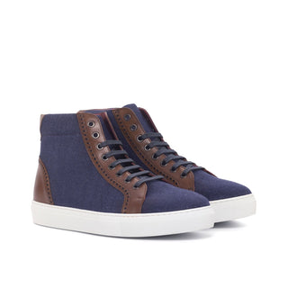 Ambrogio Bespoke Navy & Brown Linen Fabric / Leather High-Top Sneakers (AMB1835)