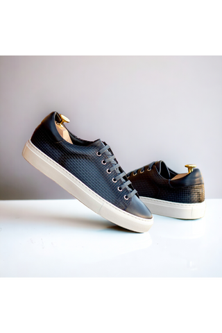 Ambrogio Bespoke Navy Calf-Skin / Woven Leather Trainer Sneakers (AMB2479)-AmbrogioShoes