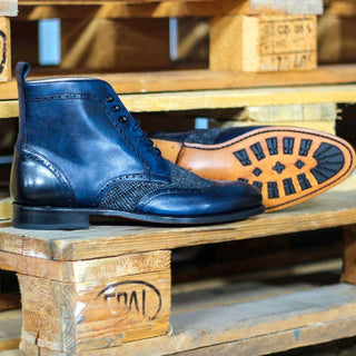 Ambrogio Bespoke Navy & Gray Fabric / Leather Military Brogue Boots (AMB1522)