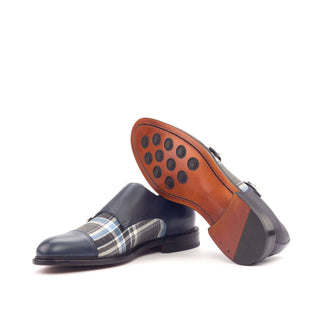 Ambrogio Bespoke Navy & Gray Fabric / Pebble Grain / Polished Leather Monk-Straps Loafers (AMB1793)