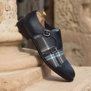 Ambrogio Bespoke Navy & Gray Fabric / Pebble Grain / Polished Leather Monk-Straps Loafers (AMB1793)