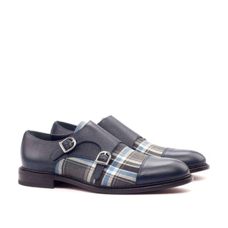 Ambrogio Bespoke Navy & Gray Fabric / Pebble Grain / Polished Leather Monk-Straps Loafers (AMB1793)
