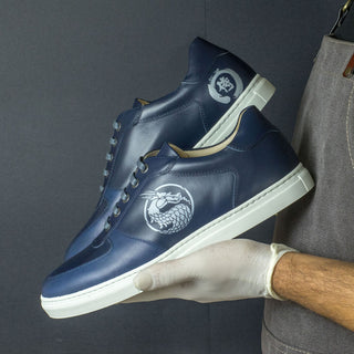 Ambrogio Bespoke Navy Leather Stencil Trainer Sneakers (AMB1705)