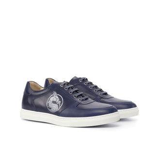 Ambrogio Bespoke Navy Leather Stencil Trainer Sneakers (AMB1705)