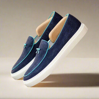 Ambrogio Bespoke Navy Linen Fabric Slip-On Belgian Sneakers (AMB2552)