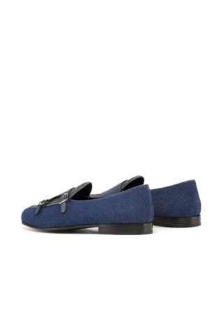 Ambrogio Bespoke Navy Multi Fabric / Leather Double Monk Strap (AMB2555)-AmbrogioShoes