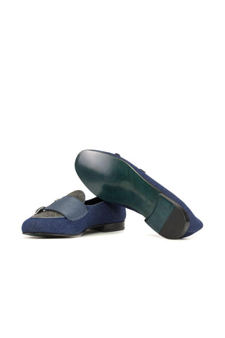 Ambrogio Bespoke Navy Multi Fabric / Leather Double Monk Strap (AMB2555)-AmbrogioShoes