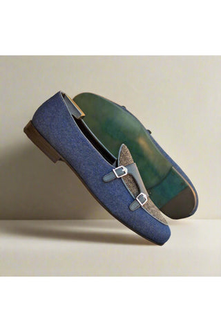 Ambrogio Bespoke Navy Multi Fabric / Leather Double Monk Strap (AMB2555)-AmbrogioShoes
