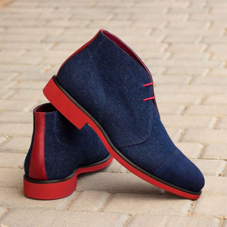 Ambrogio Bespoke Navy & Red Jeans Fabric / Full Grain Leather Chukka Boots (AMB1579)