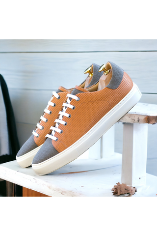 Ambrogio Bespoke Orange & Gray Linen / Woven Leather Trainer Sneakers (AMB2468)-AmbrogioShoes