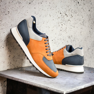 Ambrogio Bespoke Orange, Gray, and Navy Suede / Pebble Grain Leather Jogger Sneakers (AMB2477)