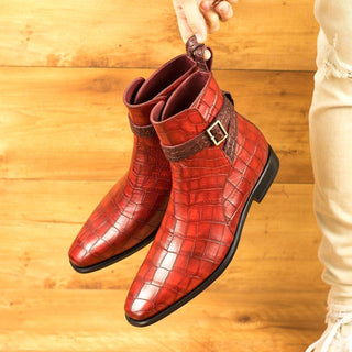 Ambrogio Bespoke Red & Burgundy Crocodile Embossed / Leather Jodhpur Boots (AMB1706)