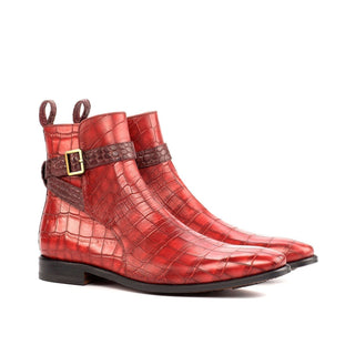 Ambrogio Bespoke Red & Burgundy Crocodile Embossed / Leather Jodhpur Boots (AMB1706)