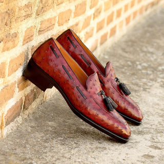 Ambrogio Bespoke Red Ostrich-Skin Tassels Loafers (AMB2252)