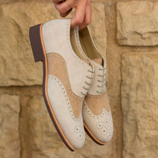 Ambrogio Bespoke Taupe & Ivory Suede Brogue Oxfords (AMB1503)