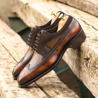 Ambrogio Bespoke Two-Tone Brown & Fire Orange Suede/ Patina Leather Wingtip Oxfords (AMB1822)
